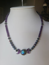 Load image into Gallery viewer, Labradorite, Pearl and Amethyst Triple Moon Necklace