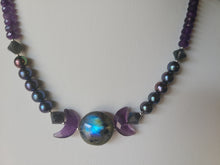Load image into Gallery viewer, Labradorite, Pearl and Amethyst Triple Moon Necklace