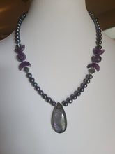 Load image into Gallery viewer, Triple Moon Pendant Necklace - Labradorite, Freshwater Pearl, and Amethyst
