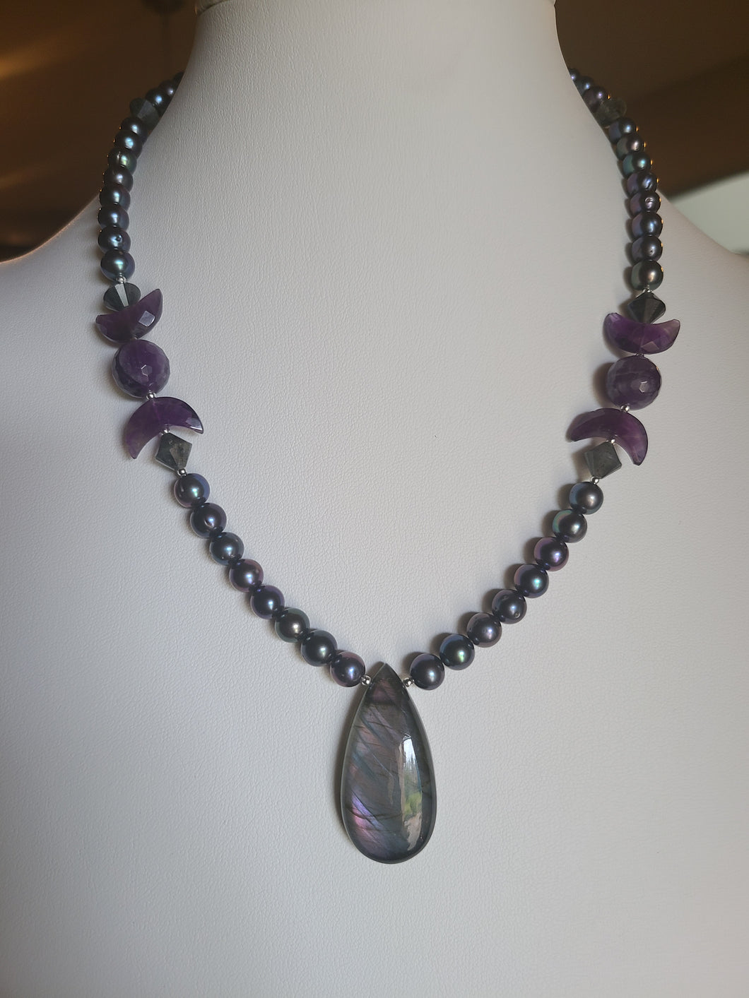 Triple Moon Pendant Necklace - Labradorite, Freshwater Pearl, and Amethyst