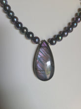 Load image into Gallery viewer, Triple Moon Pendant Necklace - Labradorite, Freshwater Pearl, and Amethyst
