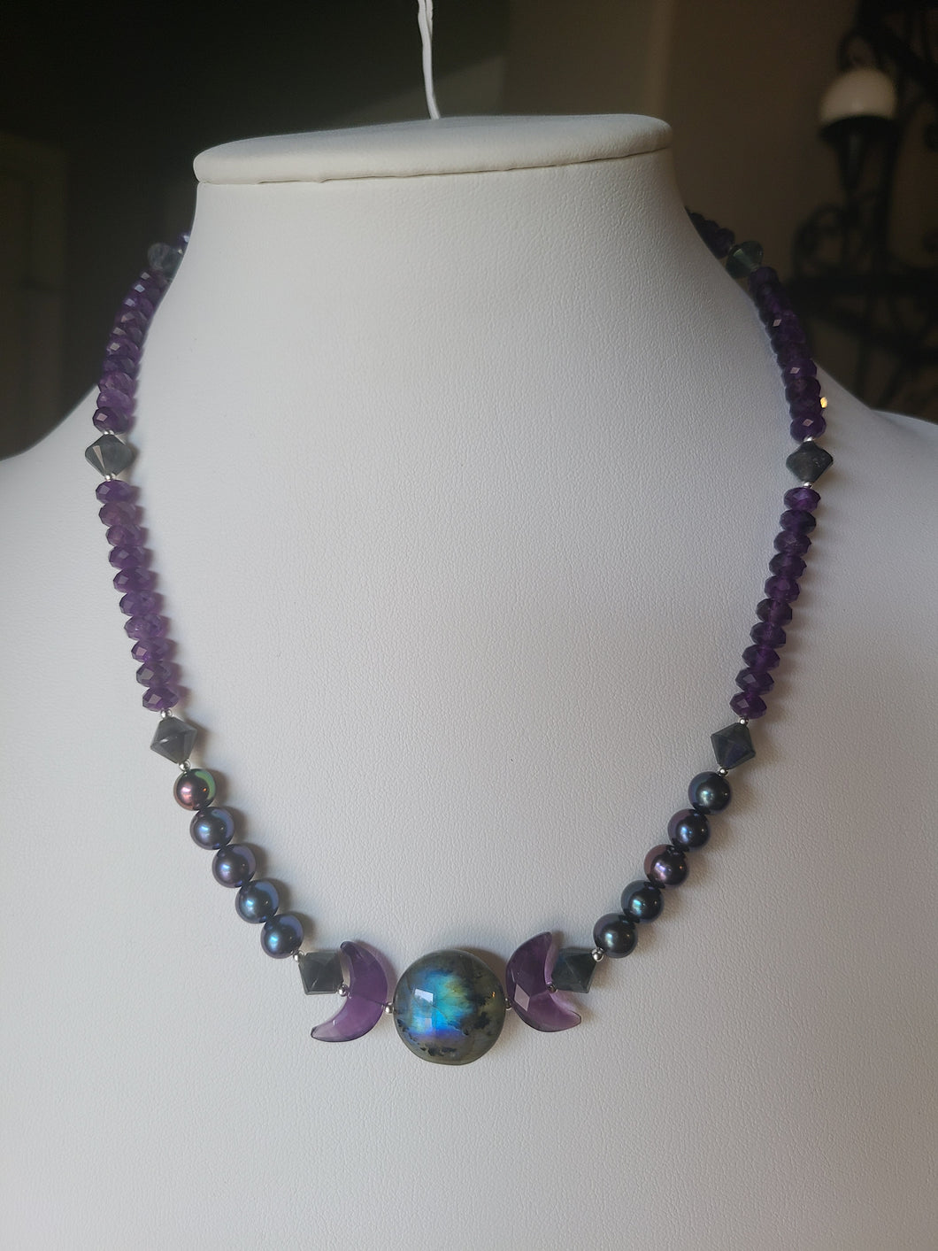 Labradorite, Pearl and Amethyst Triple Moon Necklace